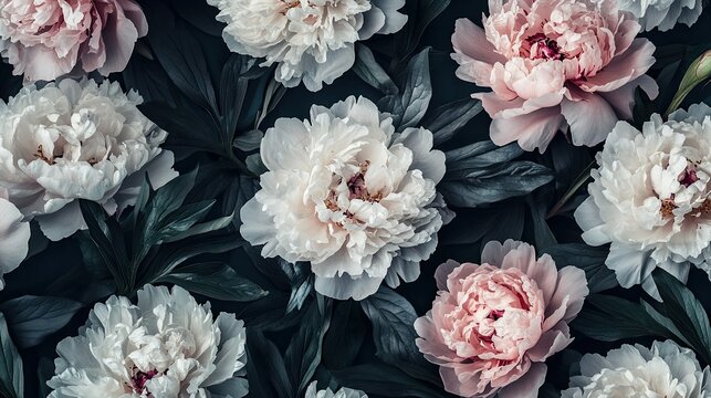peonies  background. vintage floral wallapers on dark background. realistic flowers 
