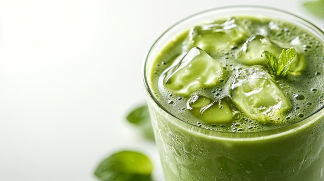A close-up of iced green matcha tea mixed with ice cubes and milk, served in a latte glass on a white background