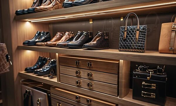 Stylish display of luxury footwear and handbags in a modern retail store showcasing elegant design