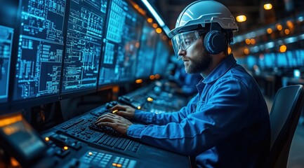 A technician, wearing a safety helmet and headphones, focuses intently on several large screens displaying data and graphics