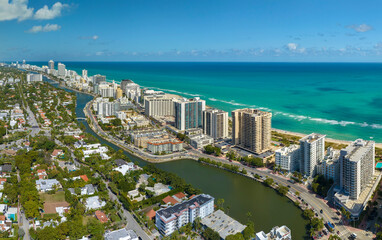 American southern seashore of Miami Beach city. Tourist infrastructure in Florida, USA. South Beach high luxurious hotels and apartment buildings