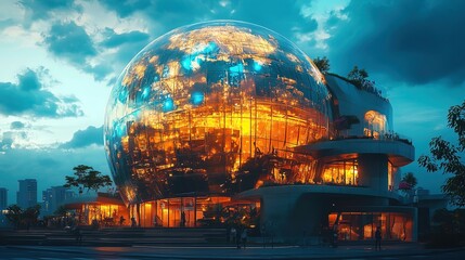 Fototapeta premium A conceptual school building shaped like a globe glowing with vibrant light 