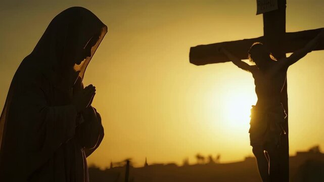 Silhouette of Mary figure before a cross at sunset in a serene landscape