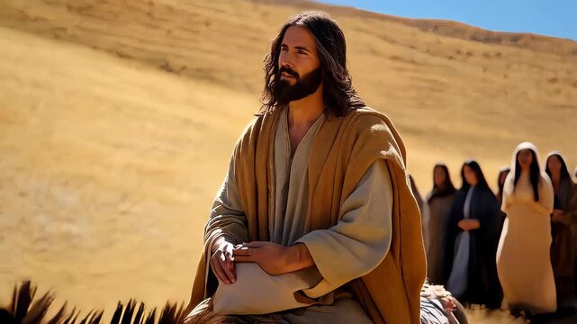 Journey through the desert with Jesus on a donkey surrounded by followers