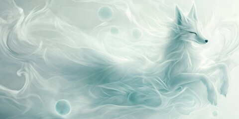 Obraz premium A serene, stylized image of a white, ethereal fox floating amidst swirling clouds and glowing orbs, creating a dreamlike and mystical atmosphere.