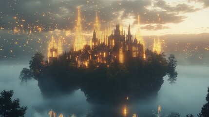 Naklejka premium A conceptual city floating above a glowing digital grid 