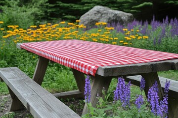 Fototapeta premium Wooden picnic table with red gingham tablecloth. Perfect for summer picnic or outdoor dining scene.