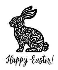 Easter Bunny. Floral vector silhouette. For paper,laser cutting, sublimation. Happy Easter phrase. Cute animal with flowers. Holiday symbol. Isolated on white background.