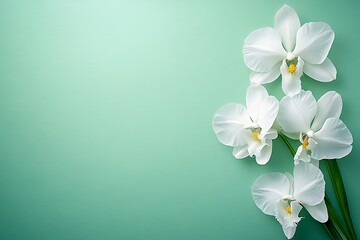 Obraz premium Easter Background, Easter Banner, Elegant White Orchids on Mint Green Background Floral Design Spa Beauty Concept