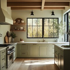 A modern kitchen with green cabinets and large windows