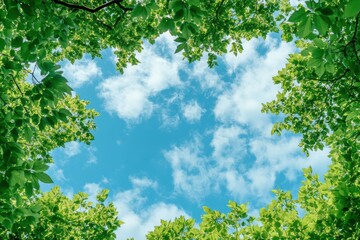 Obraz premium 緑の葉に囲まれた青空が広がる風景で、春の日差しが心地よい午後を感じさせる