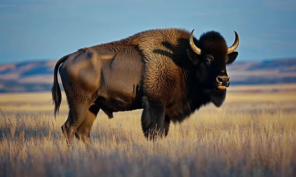 A majestic, solitary American bison stands in golden, sun-drenched prairie grasses, facing right.