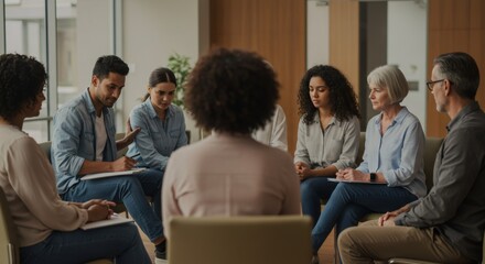 Diverse group of people in cancer support meeting. Emotional health discussion. Therapy session for oncology patients and caregivers. Coping with diagnosis concept.