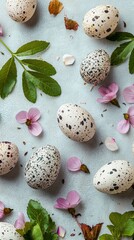 Obraz premium Of a nature-themed Easter background with fresh flowers, leaves, and speckled eggs