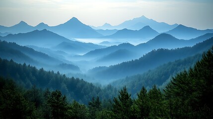 Fototapeta premium Misty blue mountains and forest.