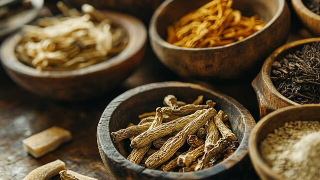 Ancient Herbal Remedies: A Collection of Dried Herbs and Roots in Wooden Bowls