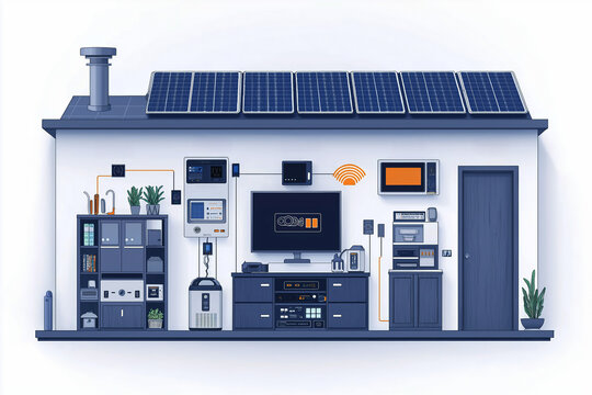 illustration of a smart home interior with solar panels, energy-efficient appliances, and connected devices. Depicts modern sustainable living and home automation technology