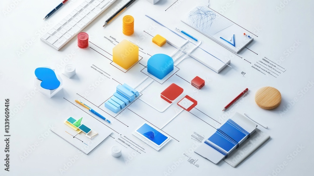Poster abstract data visualization, colorful network of connected 3d shapes representing data flow, integra