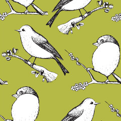 Seamless pattern with funny redbreast birds, flowers, leaves. Flat vector illustration with cartoon bird silhouette. Cute characters. Design for invitation, poster, card, textile, fabric.