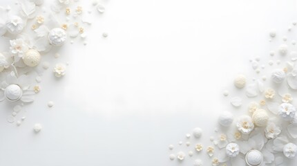 There are numerous white flowers situated on a plain white background