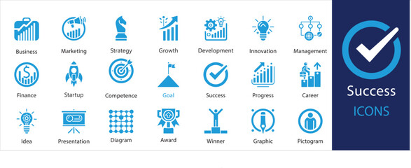 Success flat Icon Set – A collection of 21 flat icons representing progress, career, growth, profit, and more. This vector illustration features a sleek and modern success-themed icon pack.