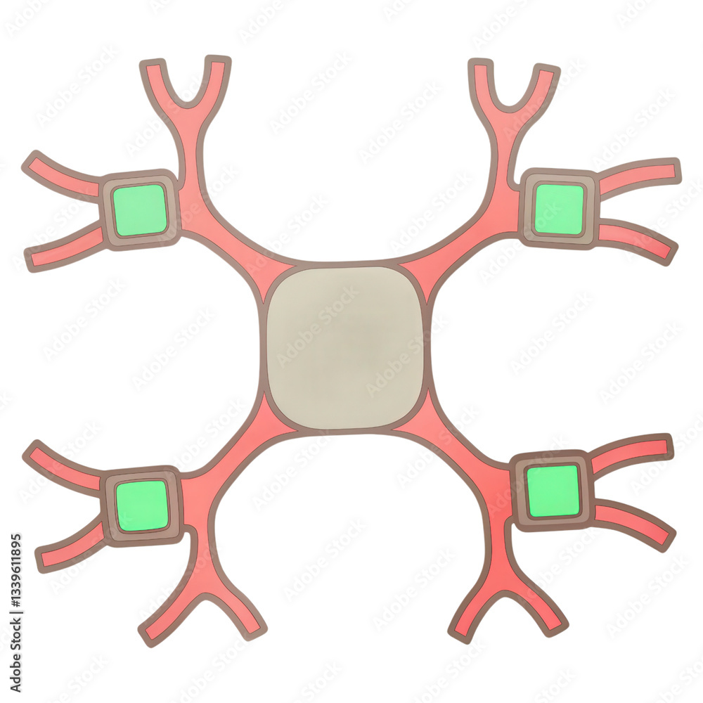 Poster illustration of a cell structure with branching connections and colored elements.