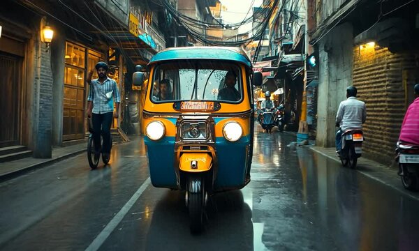 Vibrant street scene in a bustling market with a colorful auto-rickshaw navigating through rain-soaked alleys