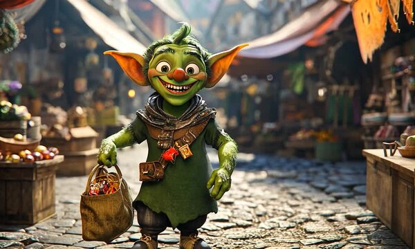 Whimsical goblin character joyfully carrying a bag of treasures in a vibrant market street setting