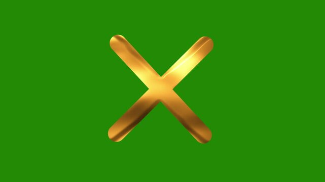 Golden Cross or false icon animation on Green Background &ndash; Error, Cancel, Wrong, Denied Icon 4k animation with chroma key background