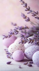 Obraz premium Of a spring-inspired Easter background with a soft blend of lavender and pastel-colored eggs
