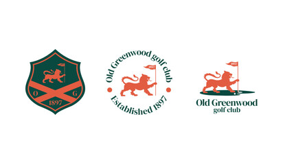lion golf logo with flag in shield shape. Old Greenwood golf vintage logo.