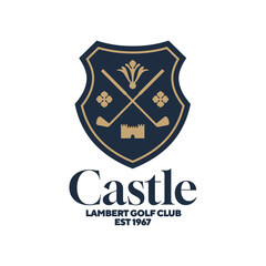 Vintage golf club badge icon logo vector illustration design. Golf country club with crossed stick, castle, crest and Thistle emblem logo