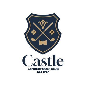 Vintage golf club badge icon logo vector illustration design. Golf country club with crossed stick, castle, crest and Thistle emblem logo