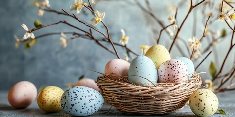 Obraz premium Of a traditional Easter background with wicker baskets and pastel-colored eggs