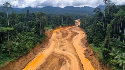 Aerial view of deforestation and mining in a rainforest.