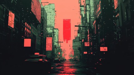 An abstract depiction of a dark city street scene