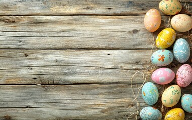Of a vintage Easter background with distressed wooden texture and colorful eggs