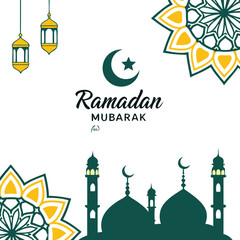 Collection of modern style Ramadan Mubarak greeting cards with retro Boho design. Windows and arches with moon, mosque dome and lanterns