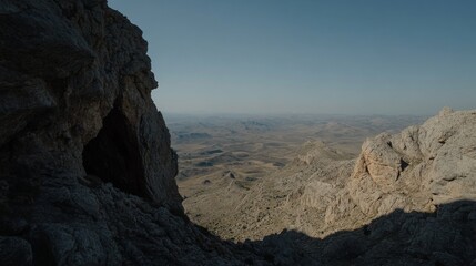 Obraz premium A rugged mountain range with a natural cleft. Mountain with natural cleft in vast wilderness to the horizon.