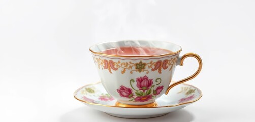 Steaming tea in antique china cup, isolated on white background, aesthetic, steam
