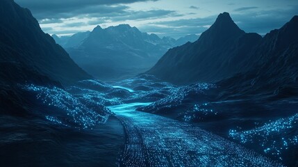 A valley with mountains and a glowing river composed of data points, suggesting a blend of natural landscapes and digital technology.