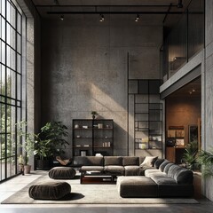 Modern living room interior with large windows and concrete walls