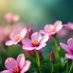 Vibrant macro shot of blossoms, bokeh effect, green stems, spring, bright colors, garden