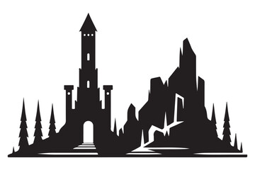 Fototapeta premium Silhouette castle with tower on hill illustration for fantasy art