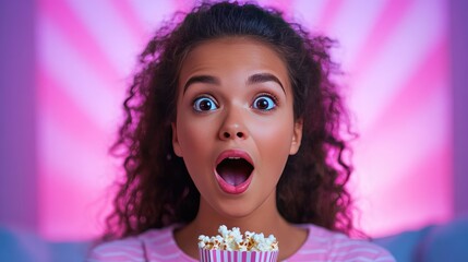 Naklejka premium Surprised Young Woman Enjoying Popcorn with Vibrant Neon Background