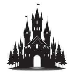 Fototapeta premium Fantasy Castle Silhouette Vector Illustration with Trees Kingdom