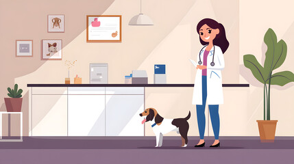 Professional Flat Vector Illustration of Girl with Dog Visiting Veterinarian Clinic