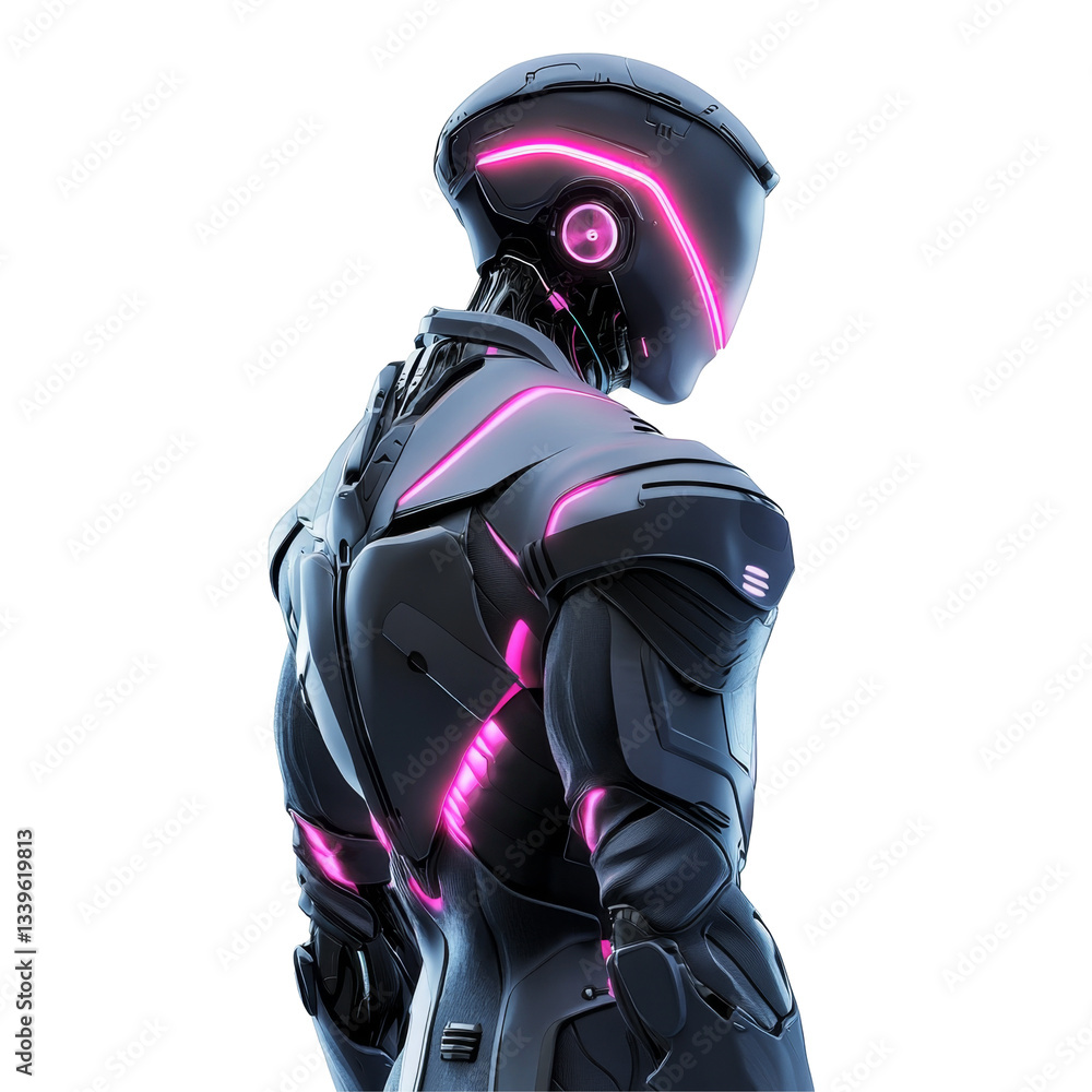 Poster robot with futuristic design and glowing pink elements