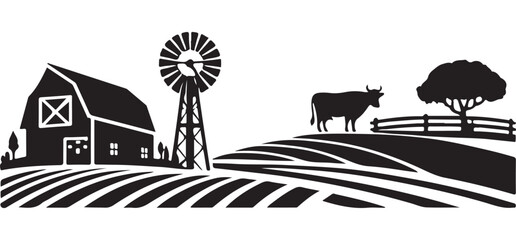 Scenic farmland landscape illustration with barn, cow and windmill silhouette © Creative Image  