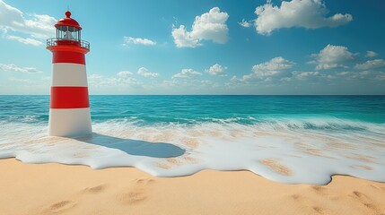 Fototapeta premium Red and white lighthouse on sandy beach, waves gently lapping. Perfect for travel, vacation, or nautical themes; evokes peace and tranquility.